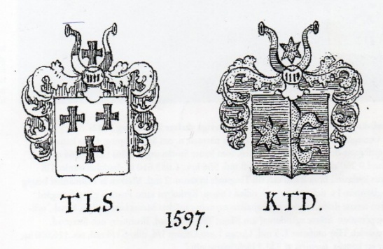 Tyke Larssons och hans hustrus vapen över porten på Wiby, 1597.